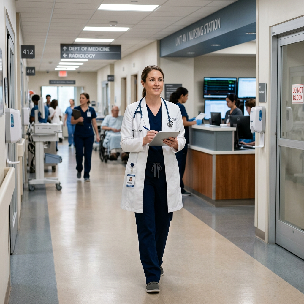 Female doctor in white coat walking in hospital corridor with a clipboard