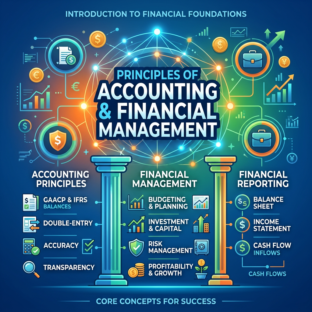 Infographic showing principles of accounting, financial management, and financial reporting.