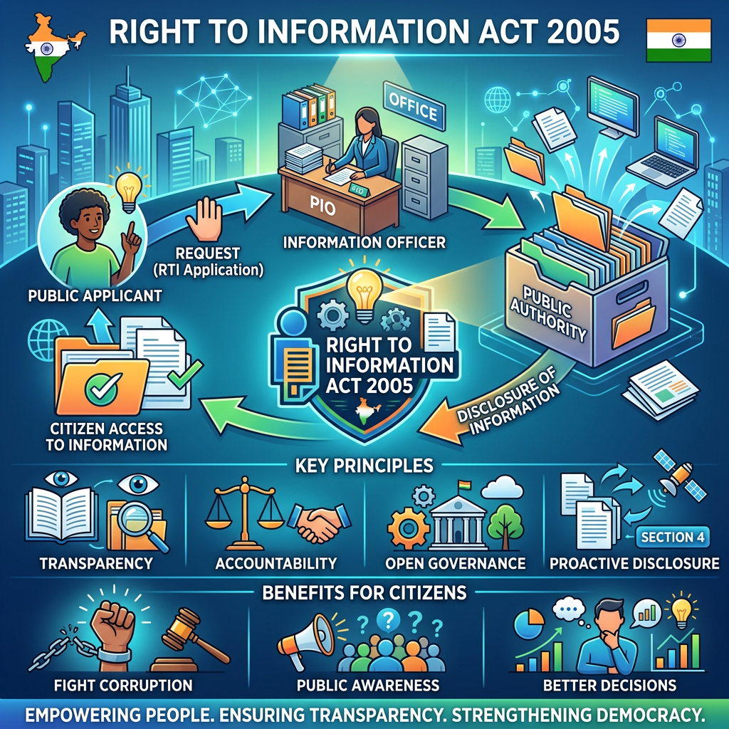 Flowchart showing Right to Information Act 2005 process with public applicant, information officer, public authority, key principles, and citizen benefits