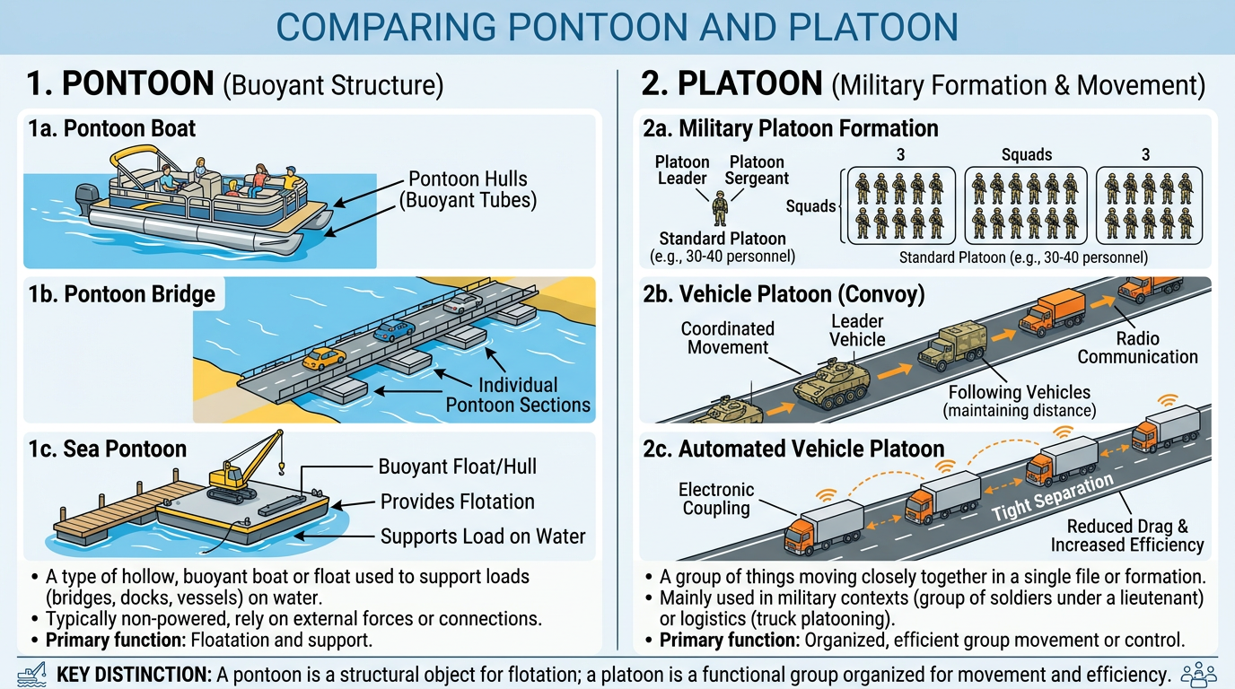 Diagram comparing pontoons as buoyant support structures and platoons as military formations and movements.