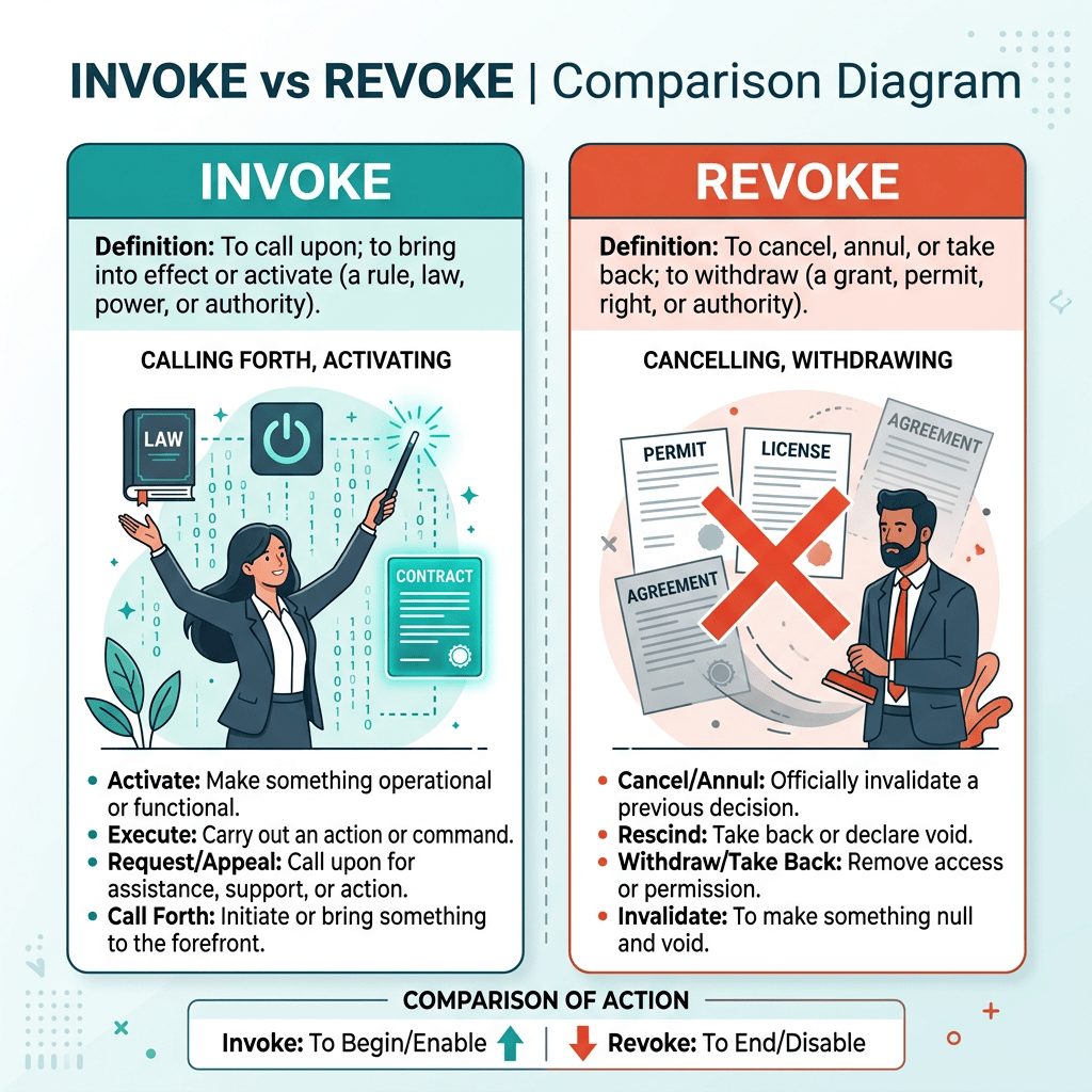 Comparison diagram defining invoke as calling forth or activating with examples, and revoke as canceling or withdrawing with examples.