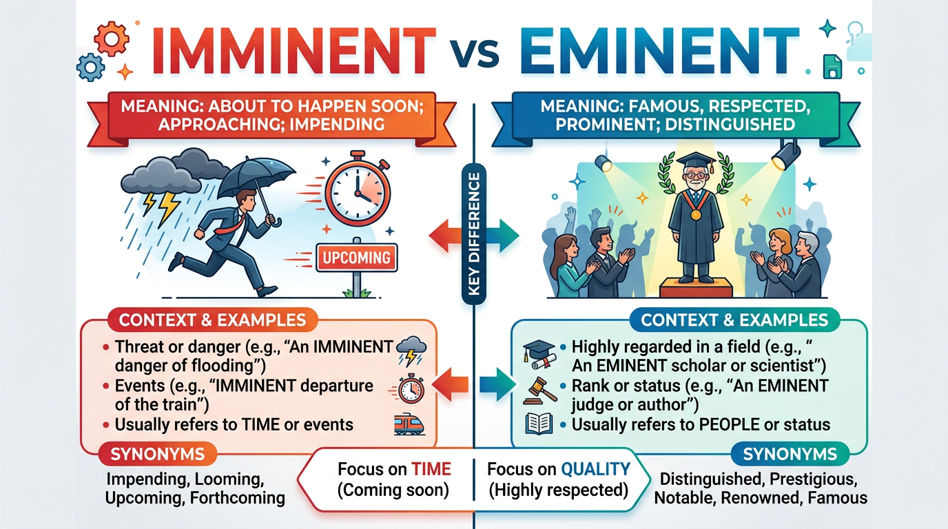 Infographic comparing imminent meaning about to happen soon with eminent meaning famous or respected