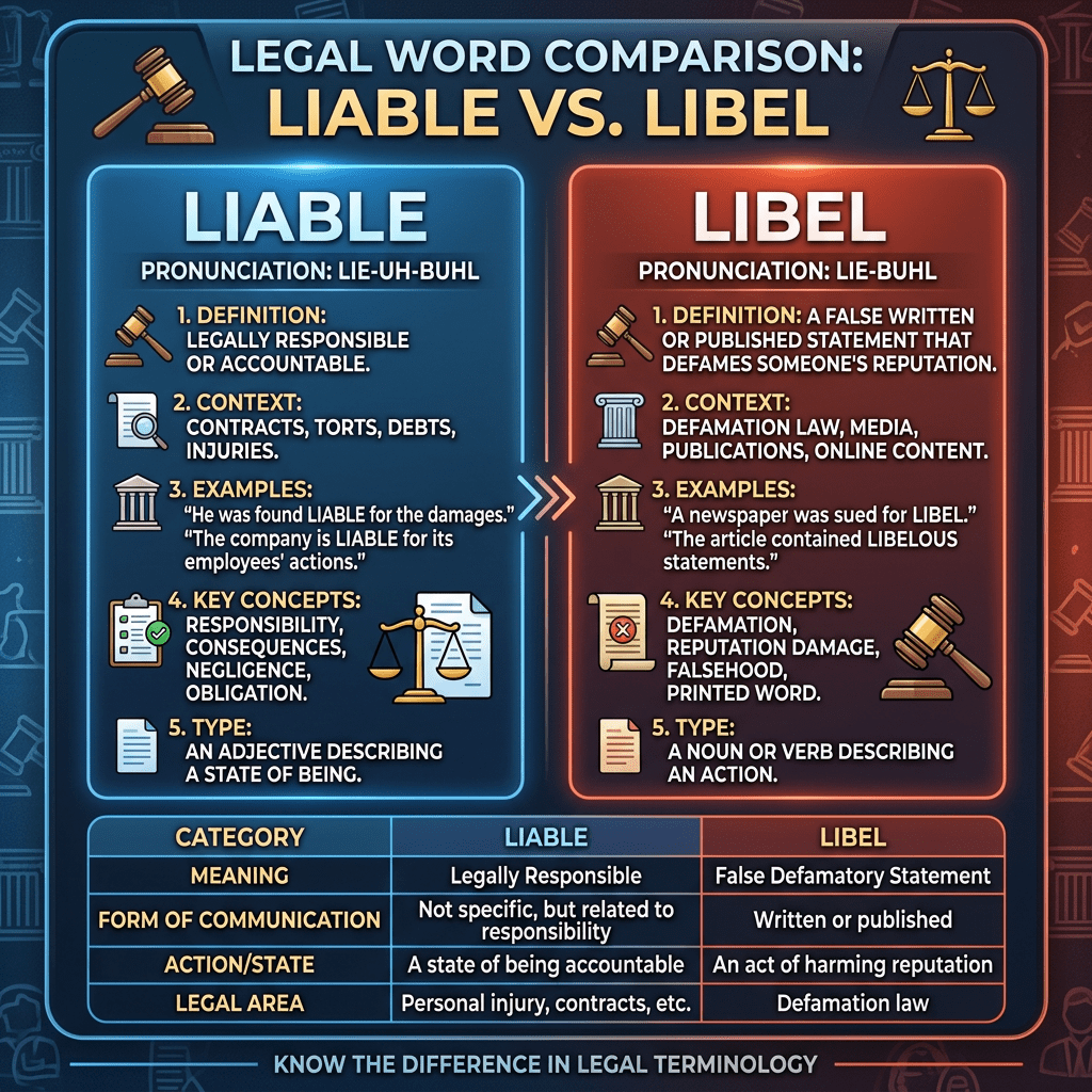 Comparison chart defining liable and libel with pronunciation, definitions, context, examples, key concepts, and legal categories