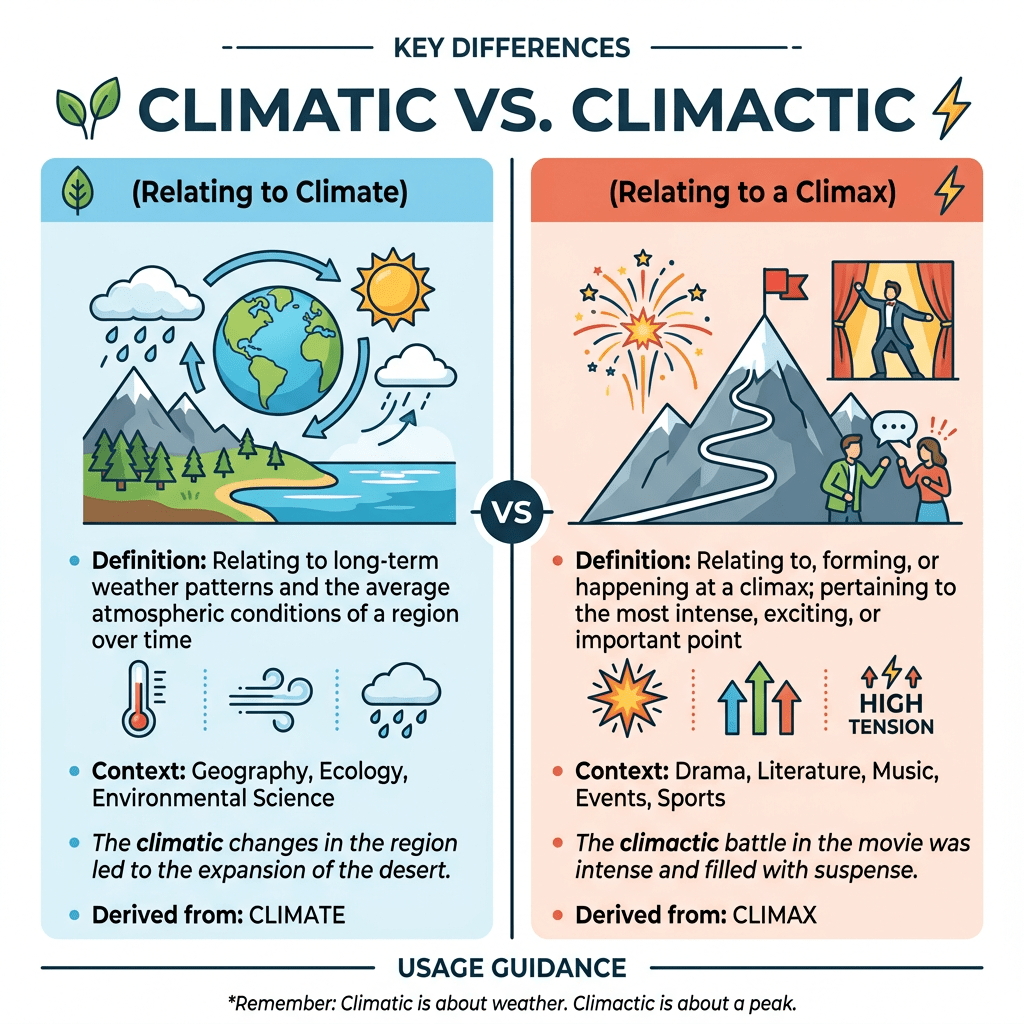Comparison chart explaining climatic relating to long-term weather and climactic relating to a climax