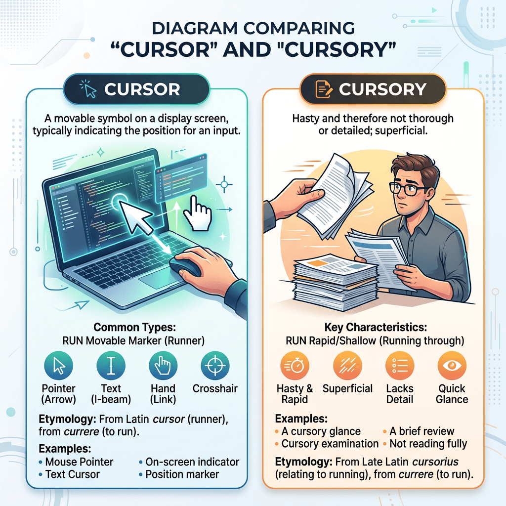 Diagram explaining the meanings, types, examples, and origins of 'cursor' and 'cursory' with illustrations