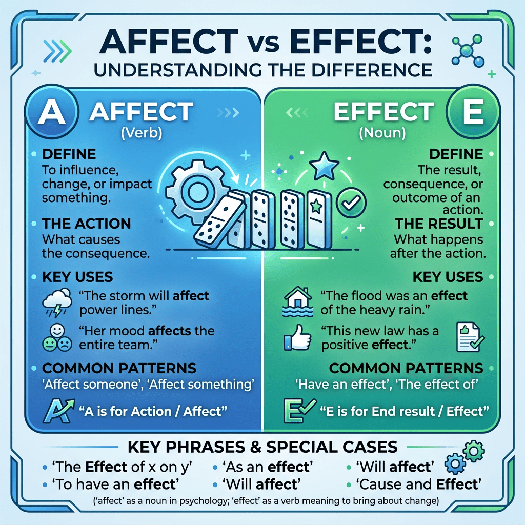 Comparison chart explaining affect as a verb meaning to influence, and effect as a noun meaning the result