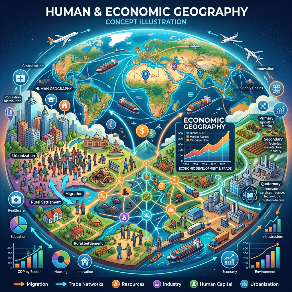 Illustration showing global map with trade routes, migration patterns, economic activities, and graphs on economic geography