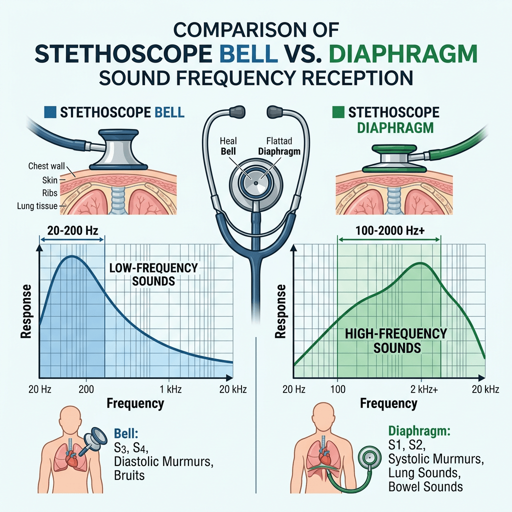 Comparison of stethoscope bell and diaphragm sound frequency reception showing low-frequency sounds by bell and high-frequency sounds by diaphragm