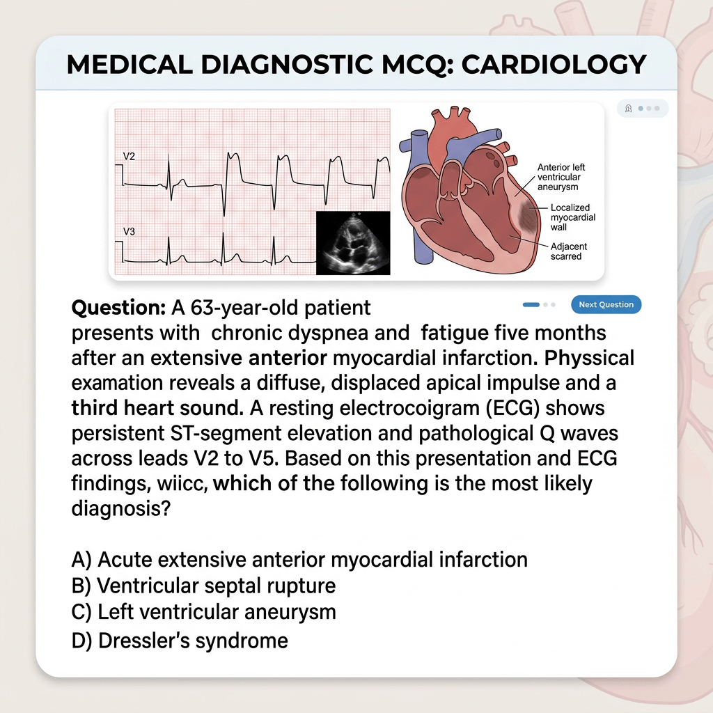 ECG strips V2 and V3 with accompanying heart diagram showing anterior left ventricular aneurysm, localized myocardial wall, and scarred tissue, plus MCQ on cardiac diagnosis.