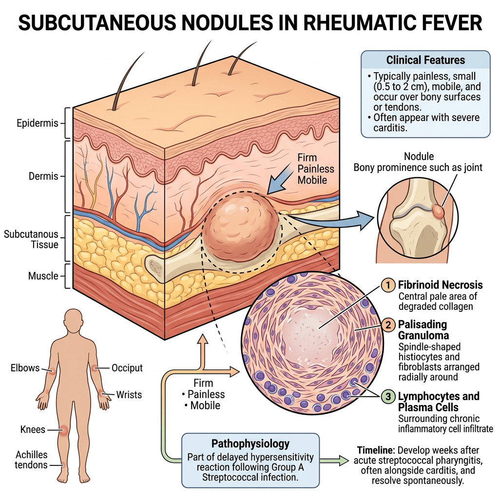 Diagram of skin layers showing firm, painless, mobile nodule in subcutaneous tissue related to rheumatic fever with histology and common locations