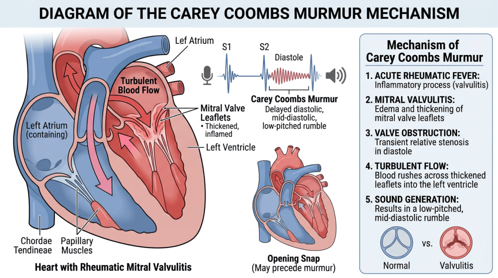 Diagram of the Carey Coombs murmur showing heart anatomy with mitral valve inflammation, turbulent blood flow, heart sound waveform, and mechanism steps