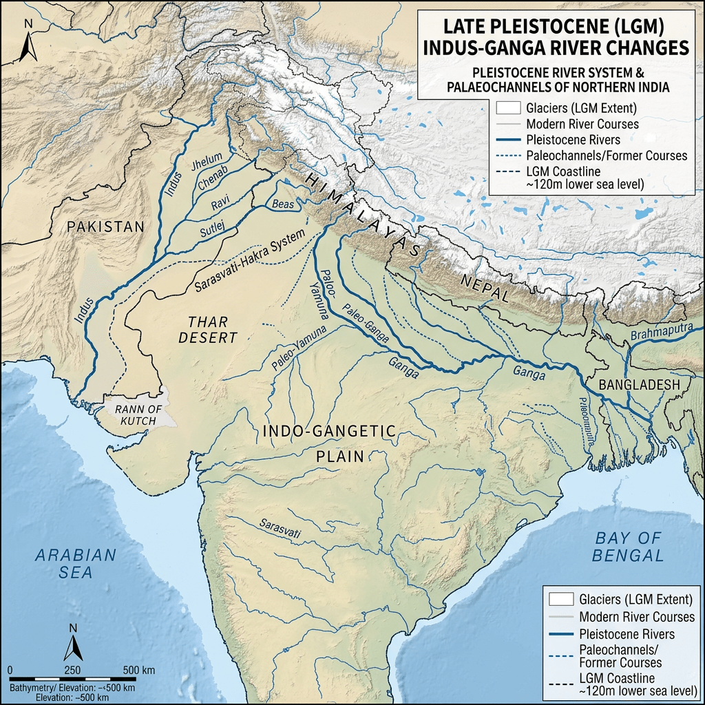 Map of Northern India depicting Late Pleistocene Indus-Ganga rivers, glaciers, modern courses, and former paleochannels