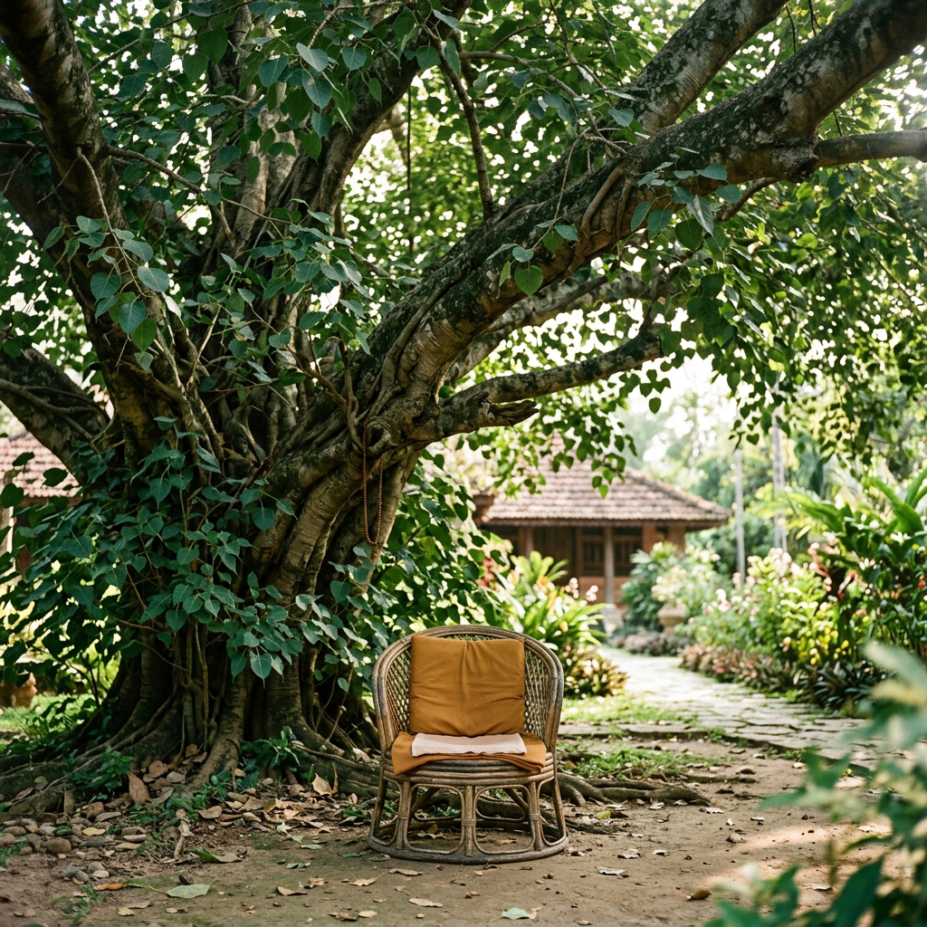 Wicker chair with brown cushions under a large tree in a garden pathway