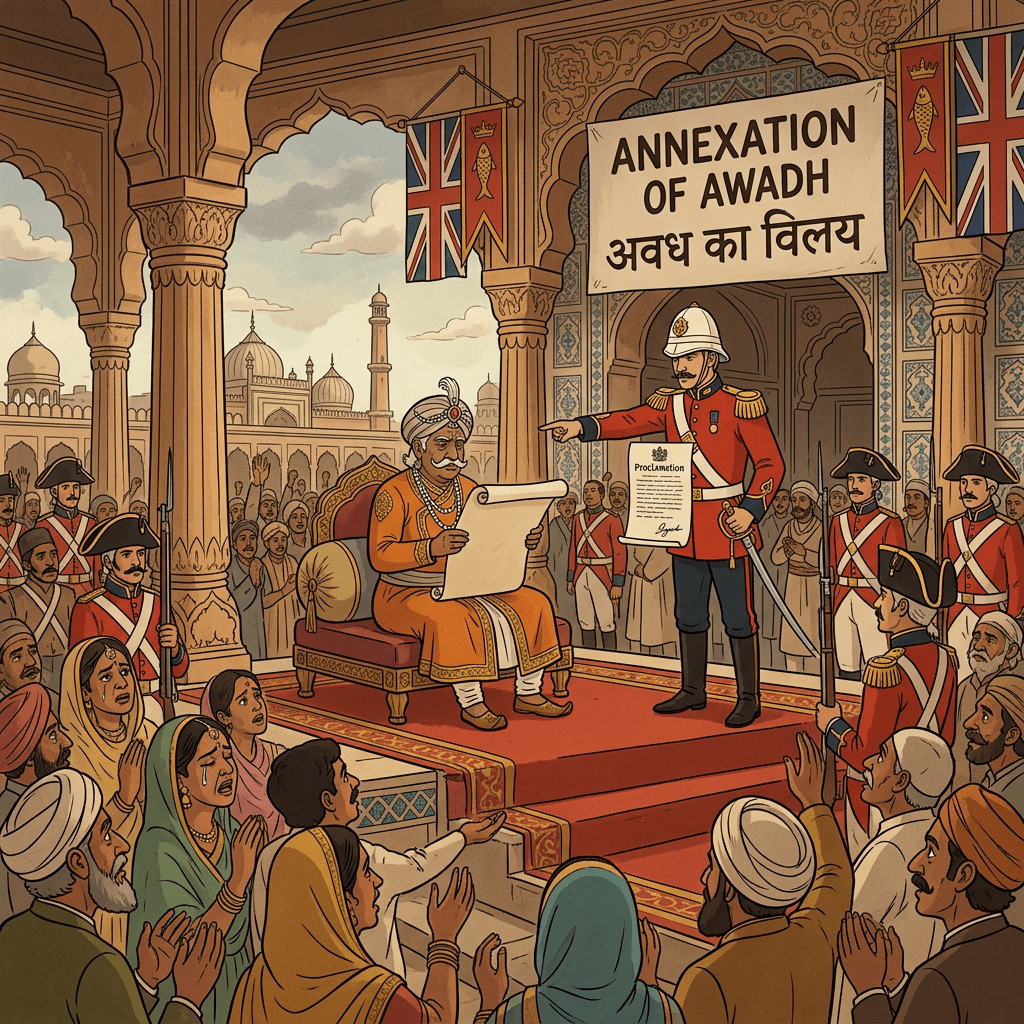 British officer announcing annexation of Awadh to Indian ruler before a crowd