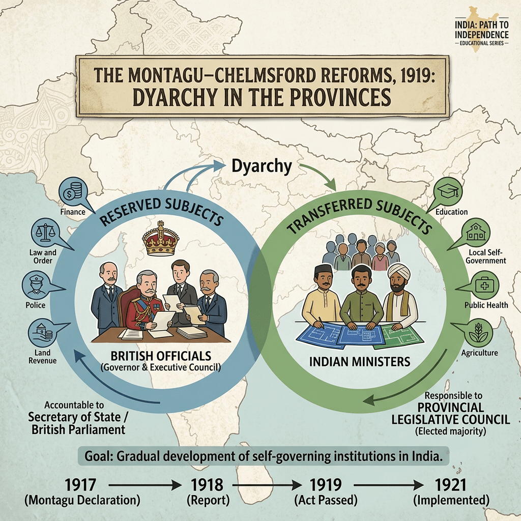 Diagram of Montagu-Chelmsford Reforms dyarchy showing British officials responsible for reserved subjects and Indian ministers responsible for transferred subjects