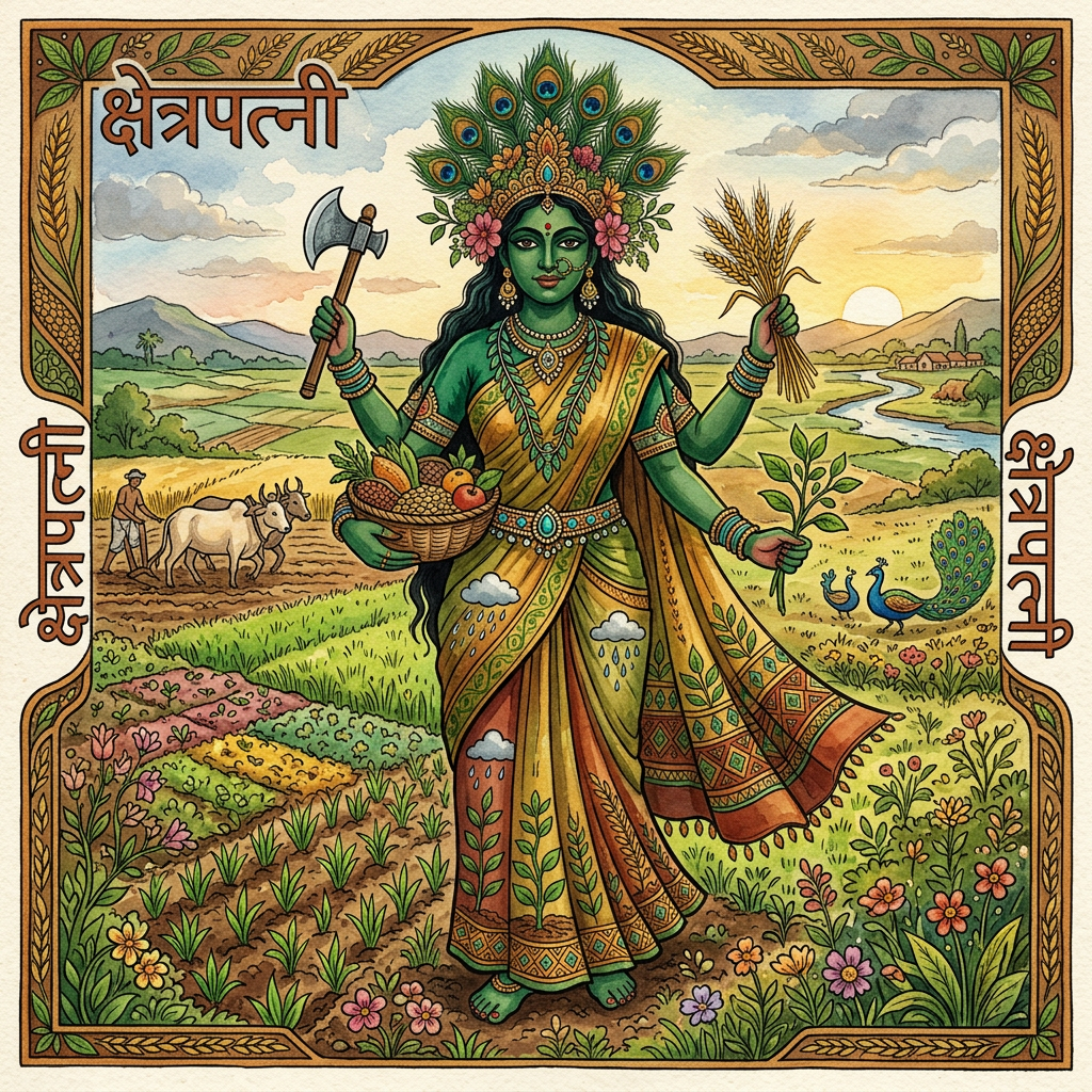 A green-skinned goddess holding an axe, wheat sheaf, plant branch, and basket of fruits in a rural farmland setting