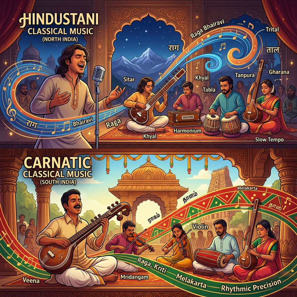 Illustration showing musicians playing instruments and singing in Hindustani and Carnatic classical music styles with labeled terms and instruments.