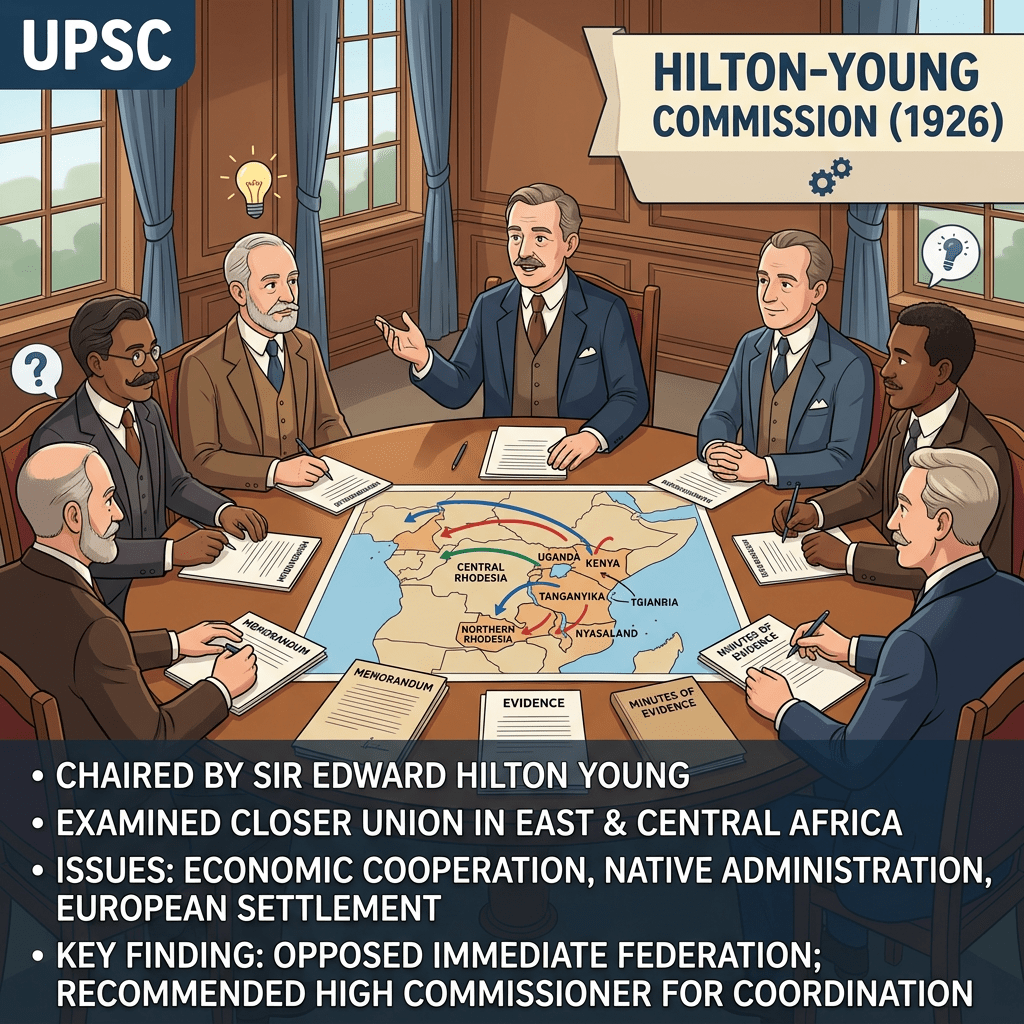 Seven men in suits seated around a table examining a map of East and Central Africa for the Hilton-Young Commission, 1926