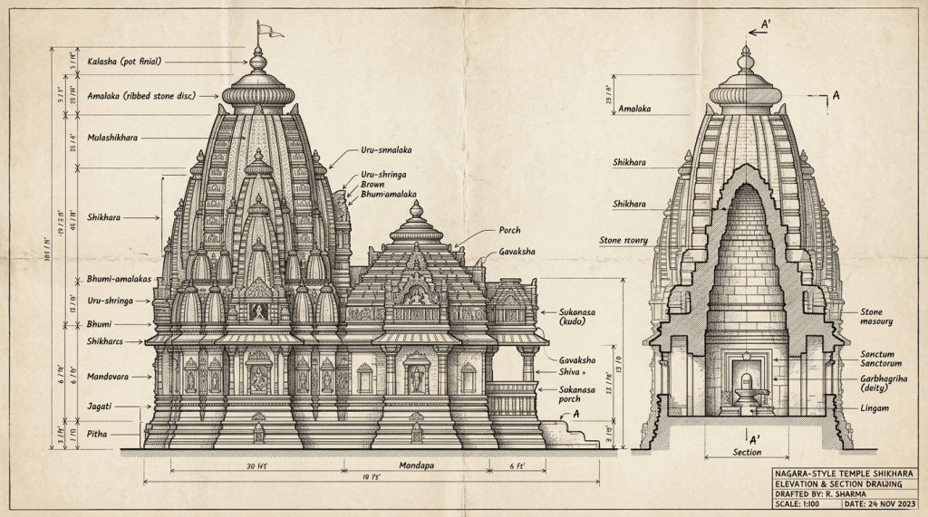 Architectural blueprint showing elevation and sectional views of a Nagara-style temple shikhara with labeled parts and measurements