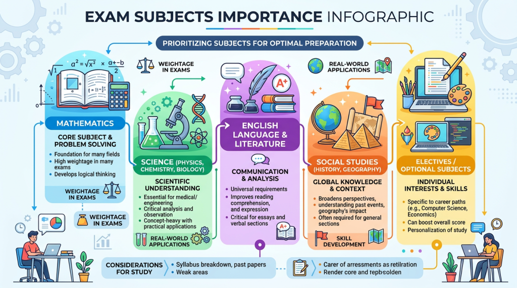 Infographic showing the importance and focus of Mathematics, Science, English Language & Literature, Social Studies, and Electives for exam preparation