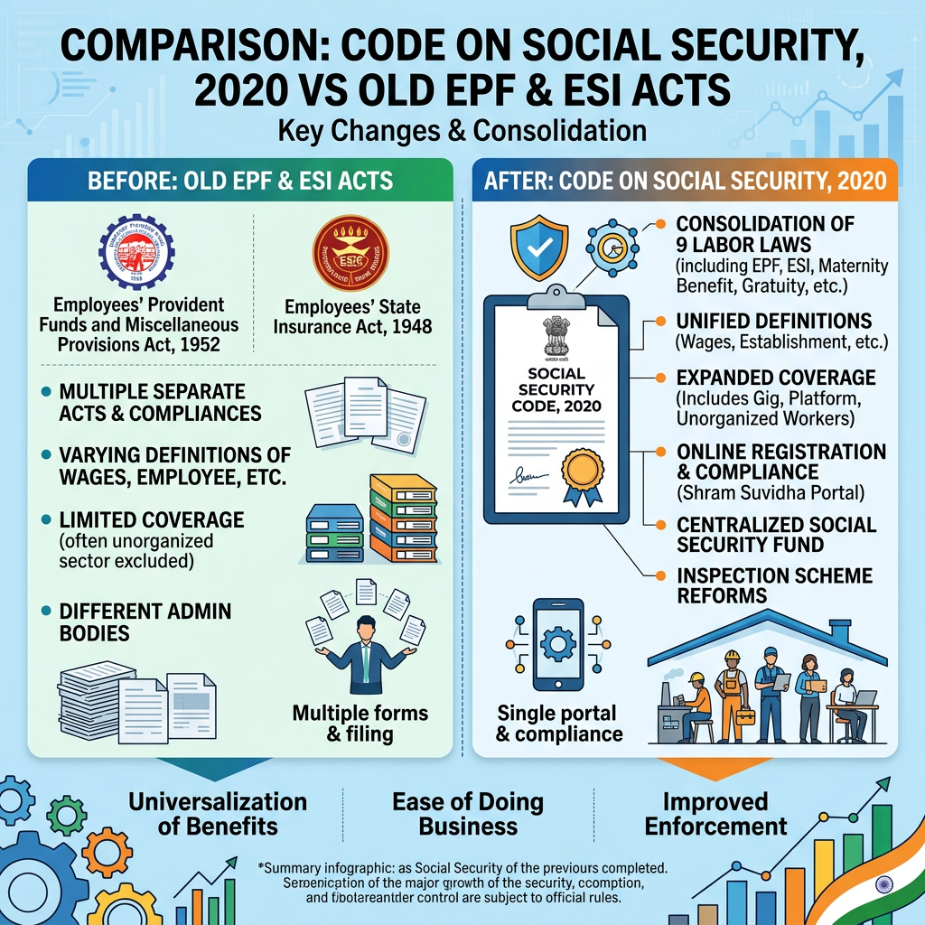 Infographic comparing old EPF and ESI acts with India’s Social Security Code, 2020
