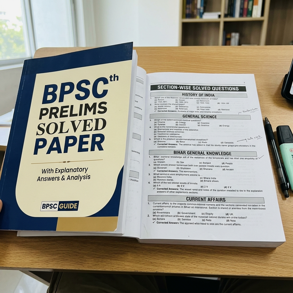 BPSC solved-paper book open to practice questions beside pens