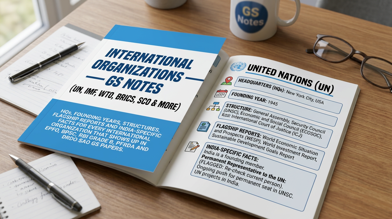 Study guide titled “International Organizations — GS Notes (UN, IMF, WTO, BRICS, SCO & More)” beside a page on the United Nations, with text about headquarters, founding year 1945, structure, flagship reports, and India-specific facts.